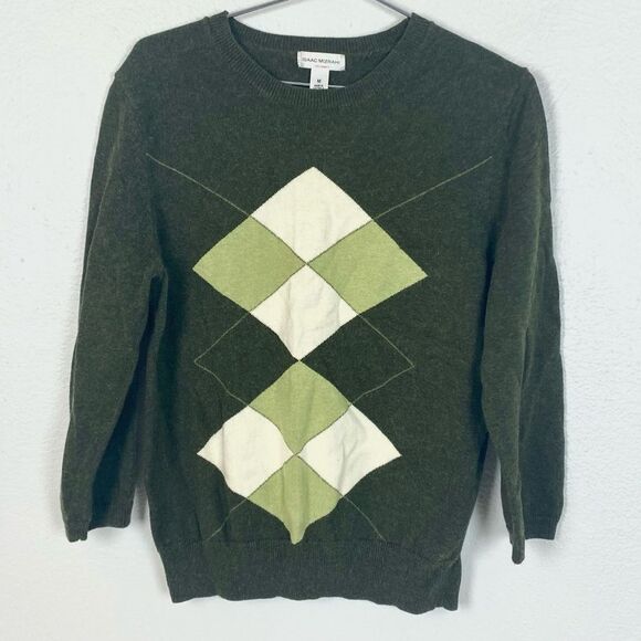 Isaac Mizrahi Wool Blend Argyle Green 3/4 Sleeve Sweater - Picture 2 of 5